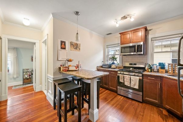 Interior, Kitchen, Pendant Lights, Stainless Steel Appliances, Wood Texture Flooring