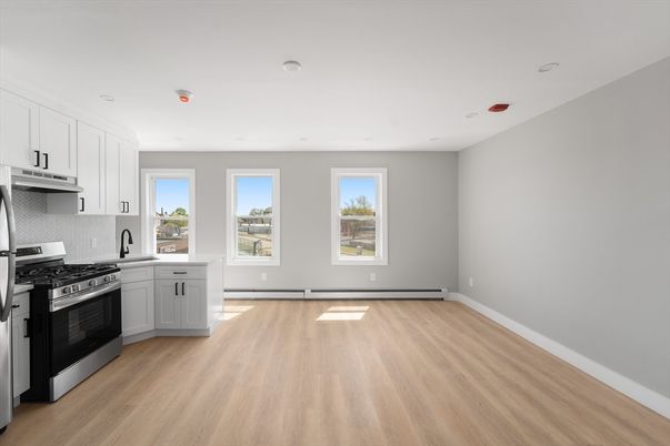 Empty room, Interior, Kitchen, Recessed Lighting, Wood Texture Flooring