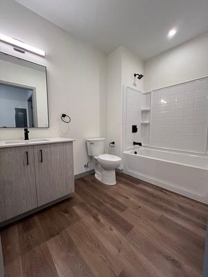 Bathroom, Interior, Recessed Lighting, Wood Texture Flooring