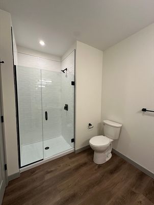 Bathroom, Glass Shower, Interior, Recessed Lighting, Wood Texture Flooring