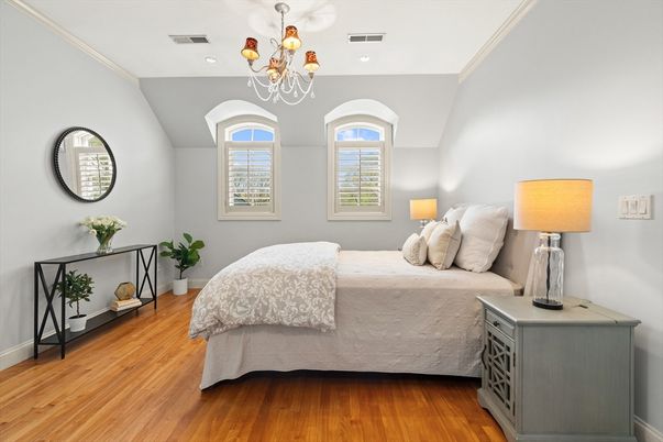 Bedroom, Chandelier, Interior, Recessed Lighting, Wood Texture Flooring