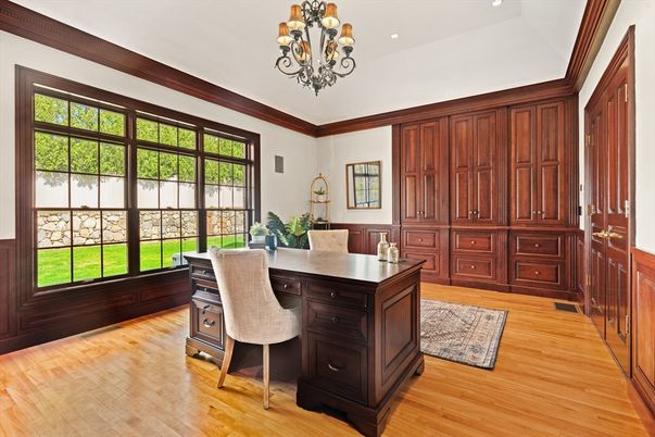 Chandelier, Home Office, Interior, Recessed Lighting, Wood Texture Flooring
