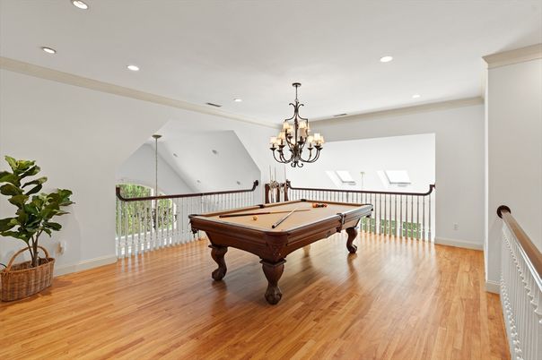 Billiard Table, Chandelier, Game Room, Interior, Recessed Lighting, Wood Texture Flooring