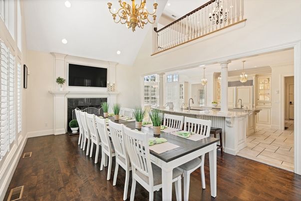 Chandelier, Dining room, Fireplace, Interior, Kitchen, Pendant Lights, Recessed Lighting, Wood Texture Flooring