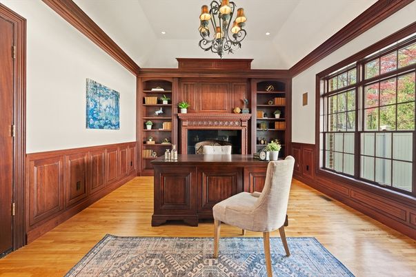 Chandelier, Fireplace, Home Office, Interior, Recessed Lighting, Wood Texture Flooring, Wooden Walls