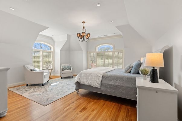 Bedroom, Chandelier, Interior, Recessed Lighting, Wood Texture Flooring