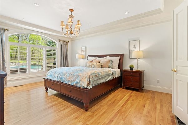 Bedroom, Chandelier, Interior, Recessed Lighting, Wood Texture Flooring