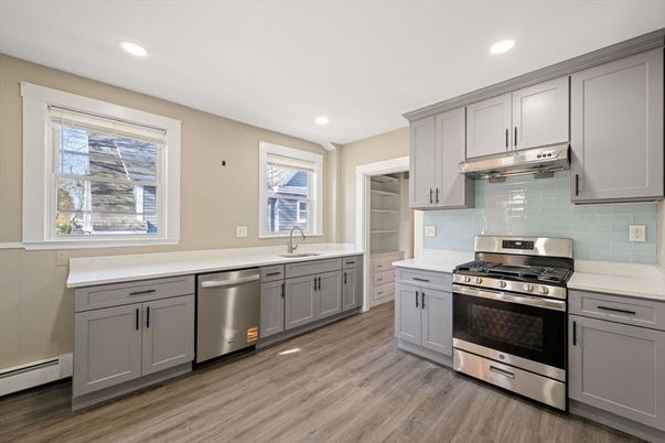 Interior, Kitchen, Recessed Lighting, Stainless Steel Appliances, Wood Texture Flooring
