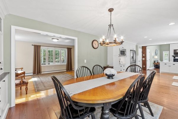 Chandelier, Dining room, Interior, Kitchen, Pendant Lights, Recessed Lighting, Wood Texture Flooring
