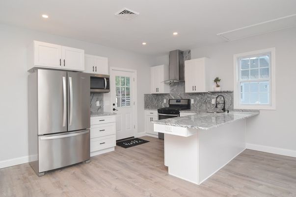 Interior, Kitchen, Recessed Lighting, Stainless Steel Appliances, Wood Texture Flooring