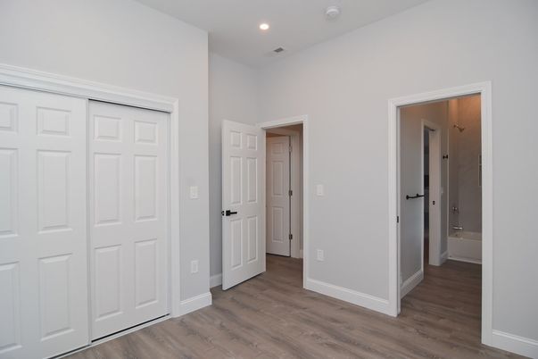 Bathroom, Empty room, Interior, Recessed Lighting, Wood Texture Flooring