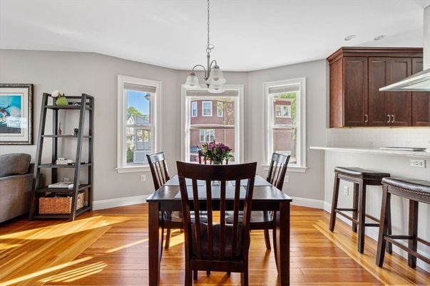 Dining room, Interior, Pendant Lights, Wood Texture Flooring