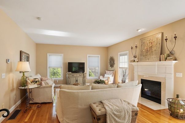 Fireplace, Interior, Living room, Recessed Lighting, Wood Texture Flooring