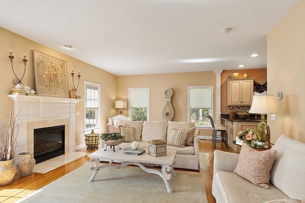 Fireplace, Interior, Living room, Recessed Lighting, Wood Texture Flooring