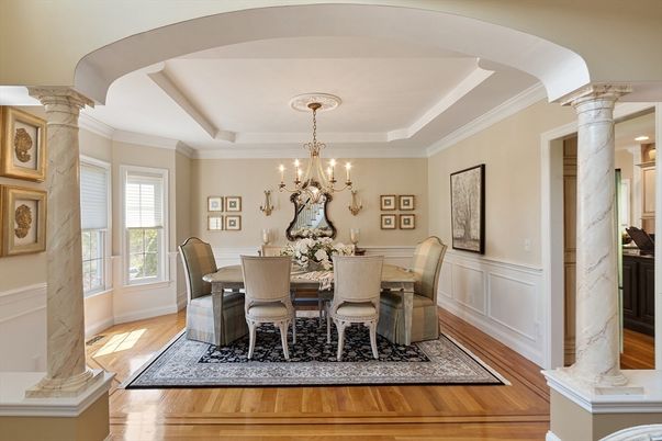 Chandelier, Dining room, Interior, Wood Texture Flooring