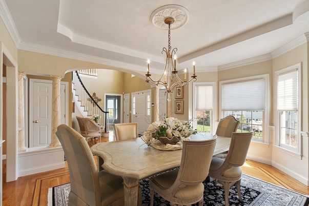 Chandelier, Dining room, Interior, Wood Texture Flooring