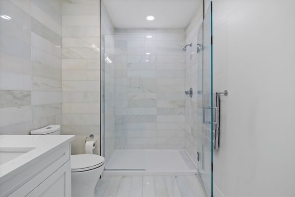 Bathroom, Glass Shower, Interior, Marble, Marble Walls, Recessed Lighting