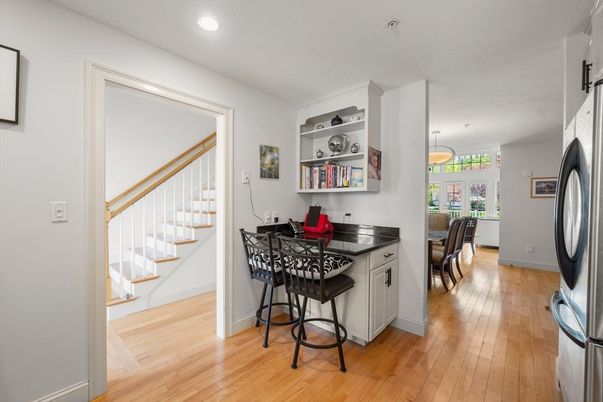 Dining room, Interior, Pendant Lights, Recessed Lighting, Wood Texture Flooring