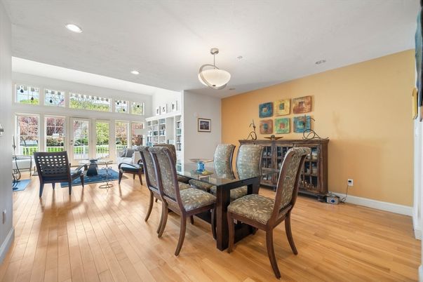 Dining room, Interior, Living room, Recessed Lighting, Wood Texture Flooring