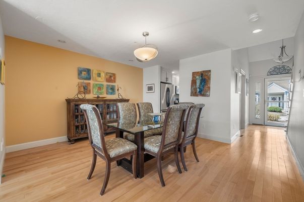 Dining room, Interior, Pendant Lights, Recessed Lighting, Wood Texture Flooring