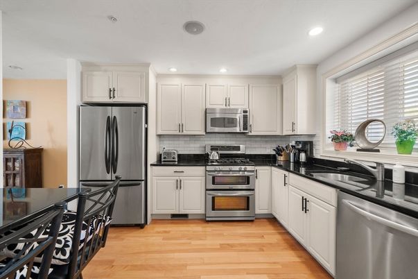 Interior, Kitchen, Recessed Lighting, Stainless Steel Appliances, Wood Texture Flooring