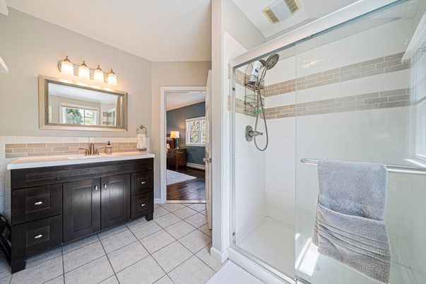 Bathroom, Glass Shower, Interior, Wood Texture Flooring
