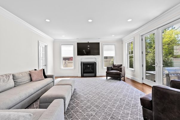 Fireplace, Interior, Living room, Recessed Lighting, Wood Texture Flooring