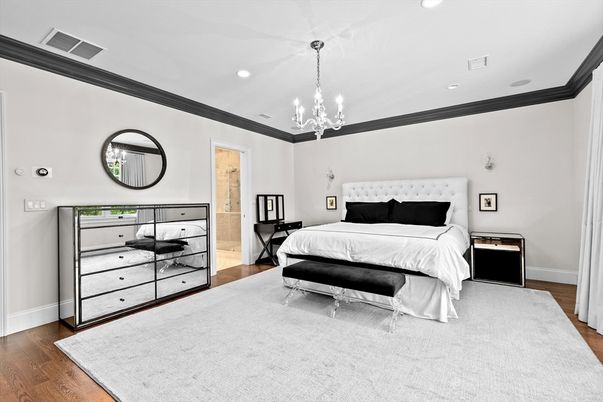 Bedroom, Chandelier, Interior, Recessed Lighting, Wood Texture Flooring