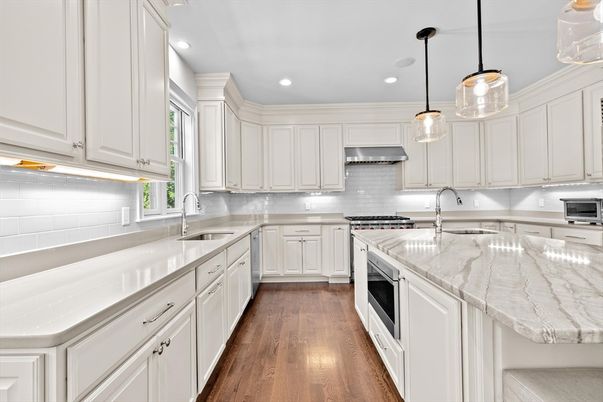 Interior, Kitchen, Pendant Lights, Recessed Lighting, Stainless Steel Appliances, Wood Texture Flooring