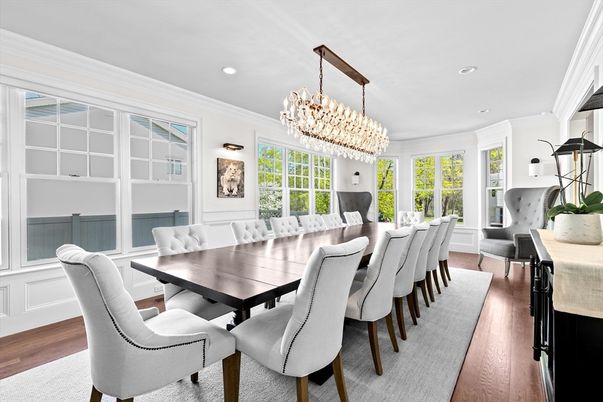 Chandelier, Dining room, Interior, Recessed Lighting, Wood Texture Flooring