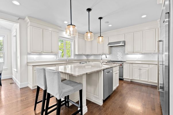Interior, Kitchen, Pendant Lights, Recessed Lighting, Stainless Steel Appliances, Wood Texture Flooring