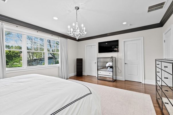 Bedroom, Chandelier, Interior, Recessed Lighting, Wood Texture Flooring