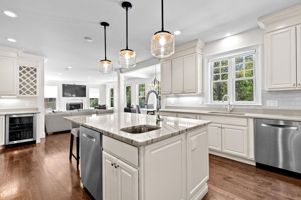 Fireplace, Interior, Kitchen, Living room, Pendant Lights, Recessed Lighting, Stainless Steel Appliances, Wood Texture Flooring