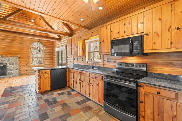 Chandelier, Fireplace, Interior, Kitchen, Recessed Lighting, Wooden Beams, Wooden Ceilings, Wooden Walls