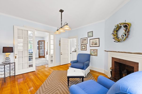 Fireplace, Interior, Living room, Pendant Lights, Wood Texture Flooring
