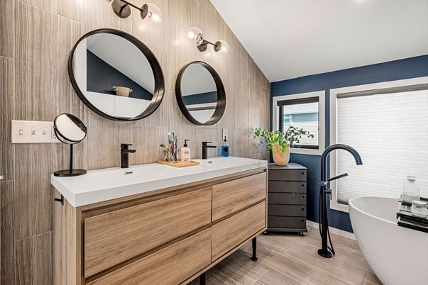 Bathroom, Dual Sink Vanities, Free Standing Baths, Interior, Wood Texture Flooring