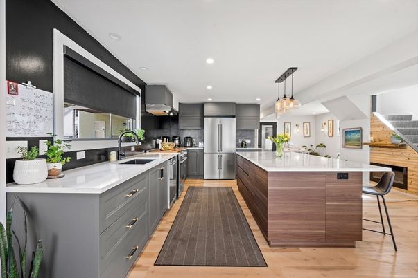 Interior, Kitchen, Pendant Lights, Recessed Lighting, Stainless Steel Appliances, Wood Texture Flooring