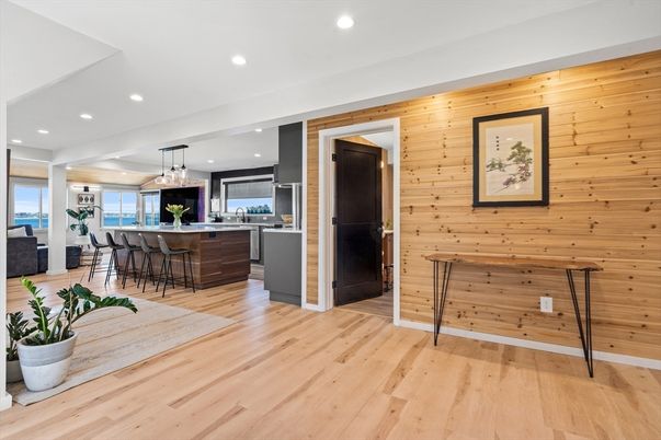 Dining room, Interior, Kitchen, Pendant Lights, Recessed Lighting, Wood Texture Flooring, Wooden Walls