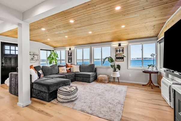 Interior, Living room, Recessed Lighting, Water, Wooden Ceilings, Wood Texture Flooring