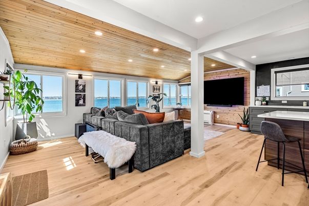 Interior, Living room, Recessed Lighting, Water, Wooden Ceilings, Wood Texture Flooring
