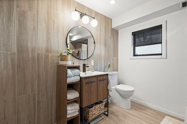 Bathroom, Interior, Recessed Lighting, Wood Texture Flooring