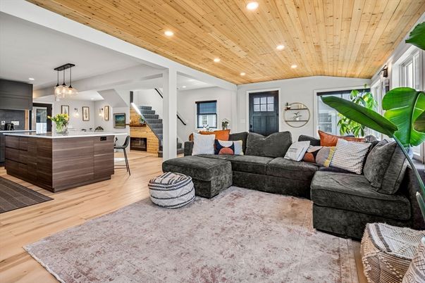 Fireplace, Interior, Kitchen, Living room, Pendant Lights, Recessed Lighting, Wooden Ceilings, Wood Texture Flooring