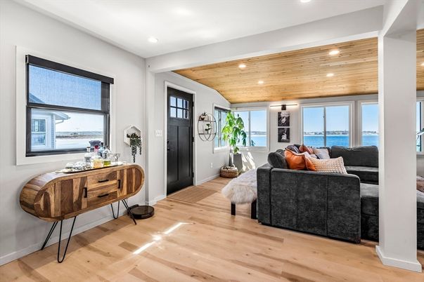 Interior, Living room, Recessed Lighting, Water, Wooden Ceilings, Wood Texture Flooring