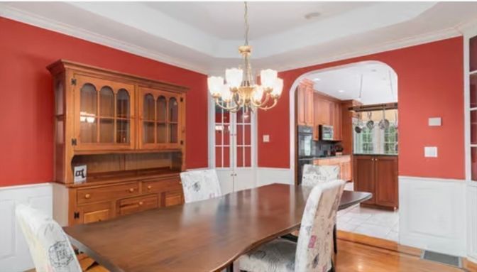 Chandelier, Dining room, Interior, Kitchen, Recessed Lighting, Wood Texture Flooring