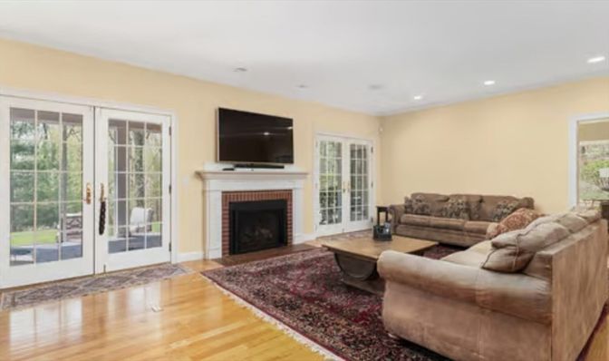 Fireplace, Interior, Living room, Recessed Lighting, Wood Texture Flooring