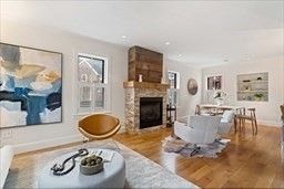 Dining room, Fireplace, Interior, Living room, Recessed Lighting, Wood Texture Flooring, Wooden Walls