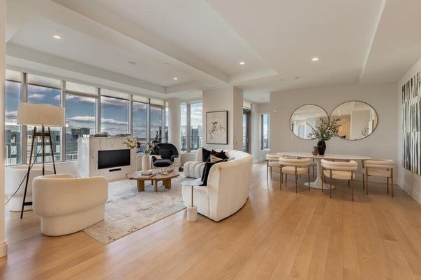 Dining room, Interior, Living room, Recessed Lighting, Wood Texture Flooring