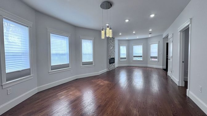 Empty room, Interior, Pendant Lights, Recessed Lighting, Wood Texture Flooring