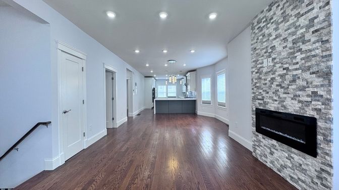 Fireplace, Interior, Pendant Lights, Recessed Lighting, Wood Texture Flooring