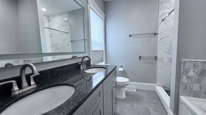Bathroom, Dual Sink Vanities, Interior, Marble Walls, Recessed Lighting